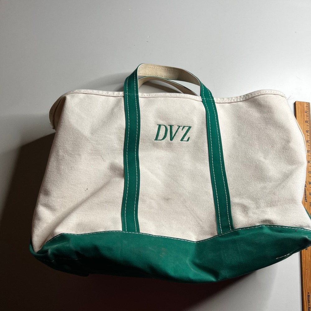 LL Bean Boat and Tote Zip Top Canvas Bag‎ Green Cream DVZ Monogram Large